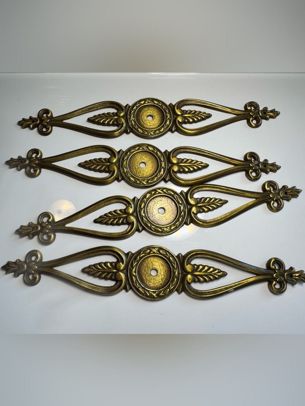 Vintage Brass Vertical Drawer Backplates Laurel Wreath Fleur de Lis Set of 4